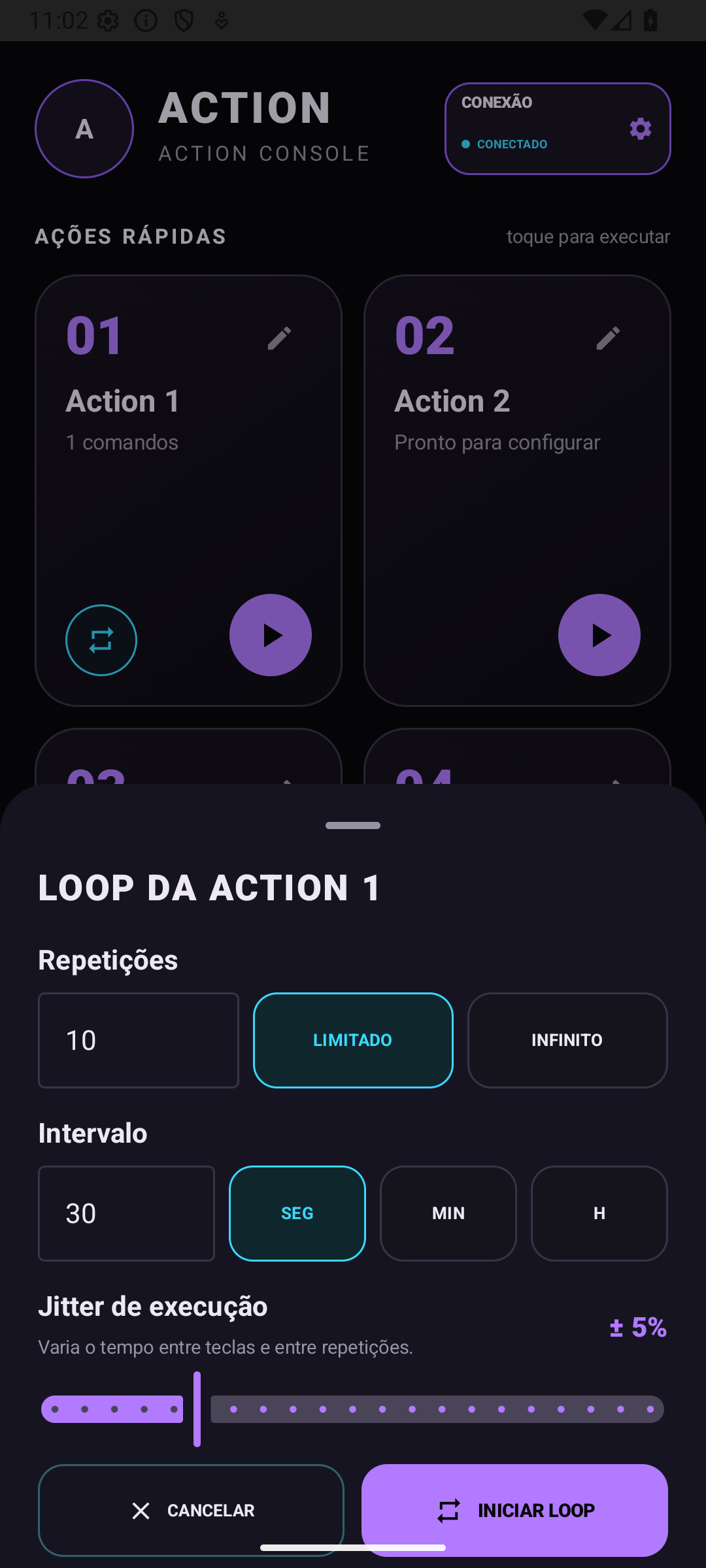 Captura real do Action em ambiente de teste — 4. Configure repetições